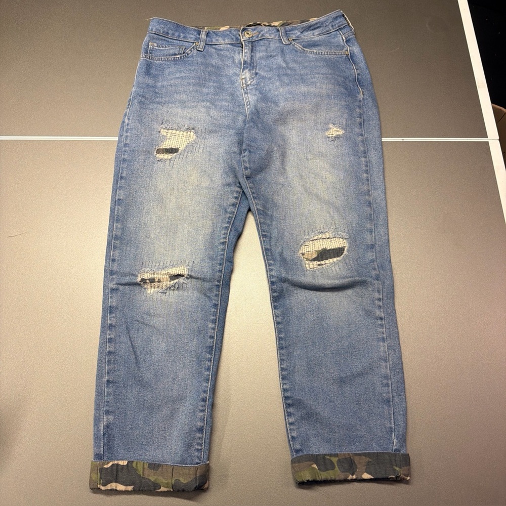 Collezione Womens Medium Rise Distressed Camo inset Jeans Wash Blue Denim 36X27